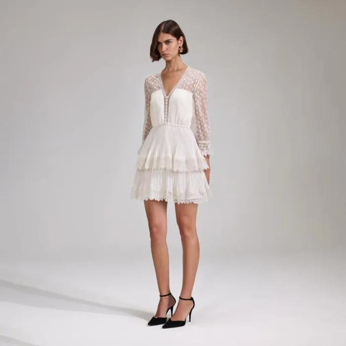 Dresses Woman SelfPortrait Cream Chiffon Lace Tiered Mini Dress Dresses Woman SelfPortrait Cream Chiffon Lace Tiered Mini Dress