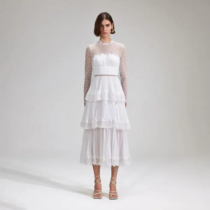 Dresses Woman SelfPortrait Cream Chiffon Lace Tiered Mini Dress Dresses Woman SelfPortrait Cream Chiffon Lace Tiered Mini Dress