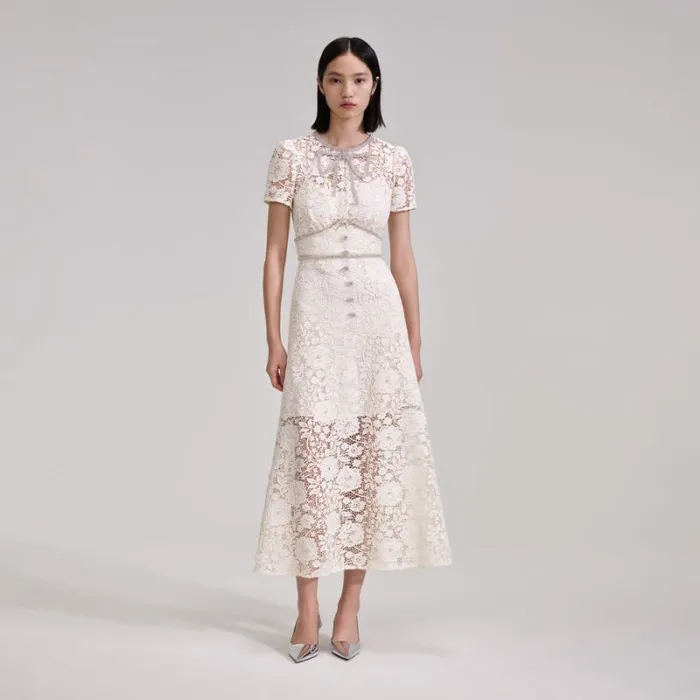 Dresses Woman SelfPortrait Cream Cord Lace Bow Midi Dress