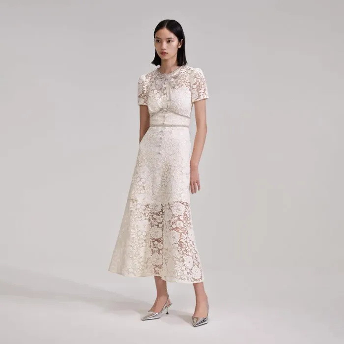 Dresses Woman SelfPortrait Cream Cord Lace Bow Midi Dress Dresses Woman SelfPortrait Cream Cord Lace Bow Midi Dress