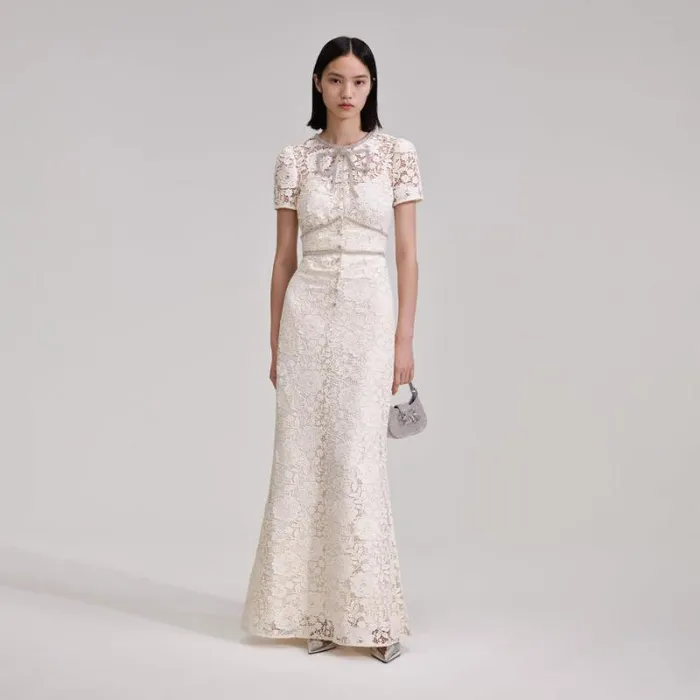 Dresses Woman SelfPortrait Cream Cord Lace Bow Midi Dress Dresses Woman SelfPortrait Cream Cord Lace Bow Midi Dress