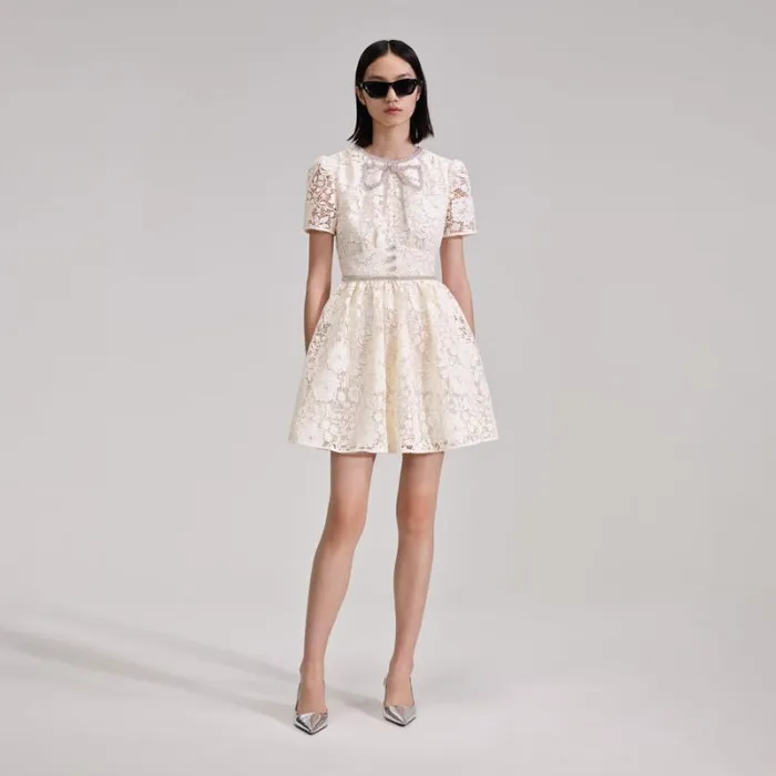 Dresses Woman SelfPortrait Cream Cord Lace Bow Mini Dress