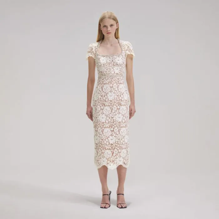 Dresses Woman SelfPortrait Cream Cord Lace Diamante Midi Dress