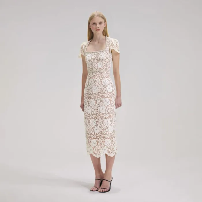 Dresses Woman SelfPortrait Cream Cord Lace Diamante Midi Dress Dresses Woman SelfPortrait Cream Cord Lace Diamante Midi Dress