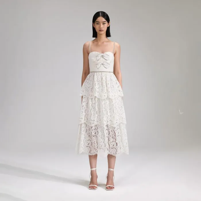 Dresses Woman SelfPortrait Cream Cord Lace Tiered Midi Dress