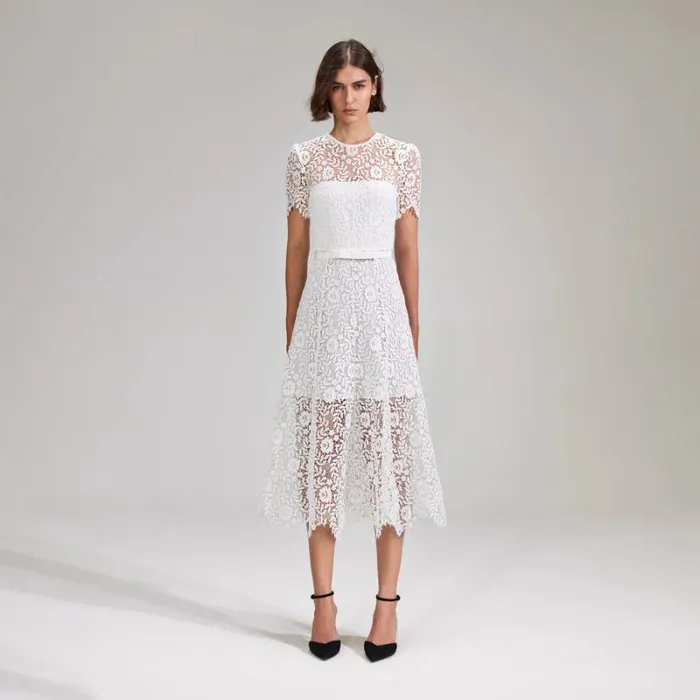 Dresses Woman SelfPortrait Cream Cord Lace Tiered Midi Dress Dresses Woman SelfPortrait Cream Cord Lace Tiered Midi Dress