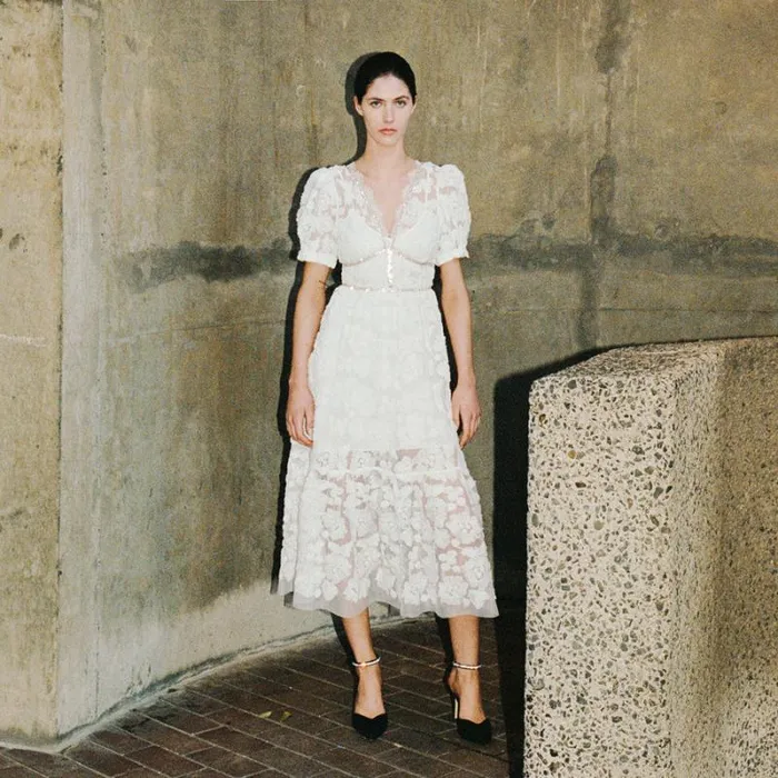 Dresses Woman SelfPortrait Cream Cord Lace Tiered Midi Dress Dresses Woman SelfPortrait Cream Cord Lace Tiered Midi Dress