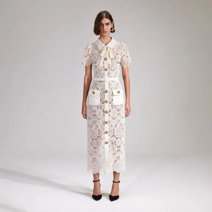 Dresses Woman SelfPortrait Cream Cord Lace Tiered Midi Dress Dresses Woman SelfPortrait Cream Cord Lace Tiered Midi Dress