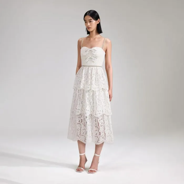 Dresses Woman SelfPortrait Cream Cord Lace Tiered Midi Dress Dresses Woman SelfPortrait Cream Cord Lace Tiered Midi Dress