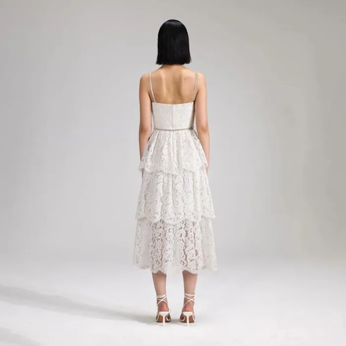 Dresses Woman SelfPortrait Cream Cord Lace Tiered Midi Dress Dresses Woman SelfPortrait Cream Cord Lace Tiered Midi Dress