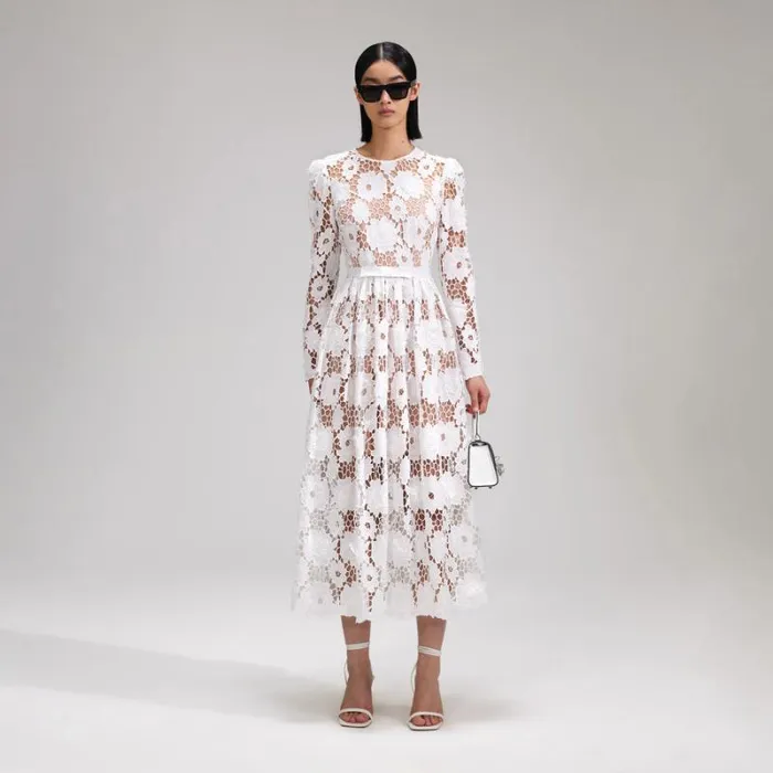 Dresses Woman SelfPortrait Cream Cord Lace Tiered Midi Dress Dresses Woman SelfPortrait Cream Cord Lace Tiered Midi Dress