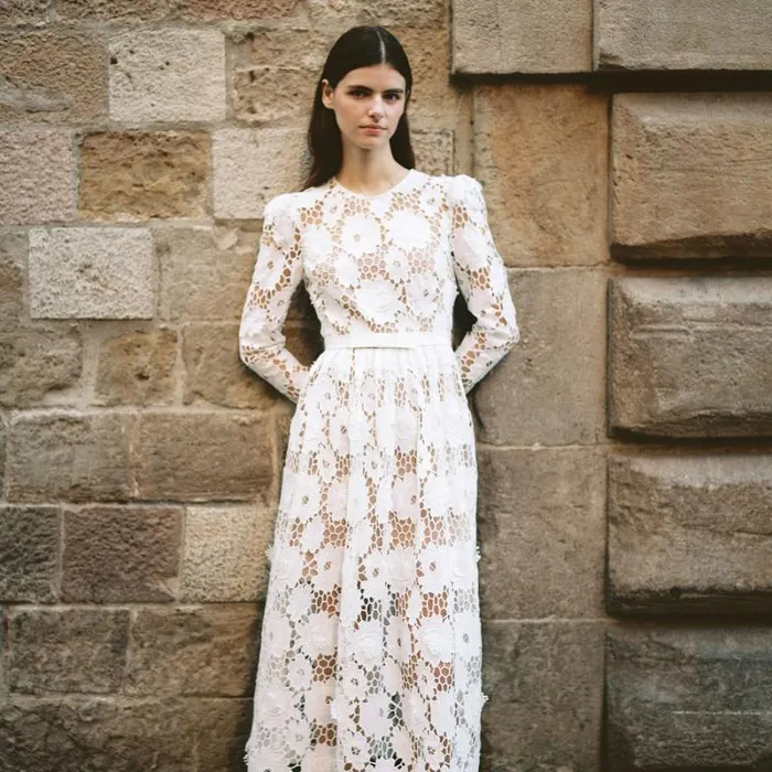 Dresses Woman SelfPortrait Cream Cord Lace Tiered Midi Dress Dresses Woman SelfPortrait Cream Cord Lace Tiered Midi Dress