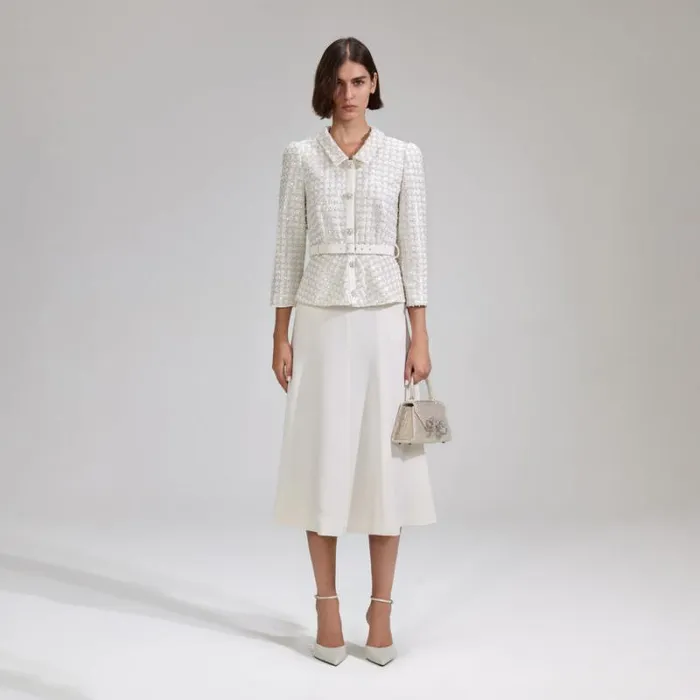 Dresses Woman SelfPortrait Cream Grid Sequin Crepe Midi Dress
