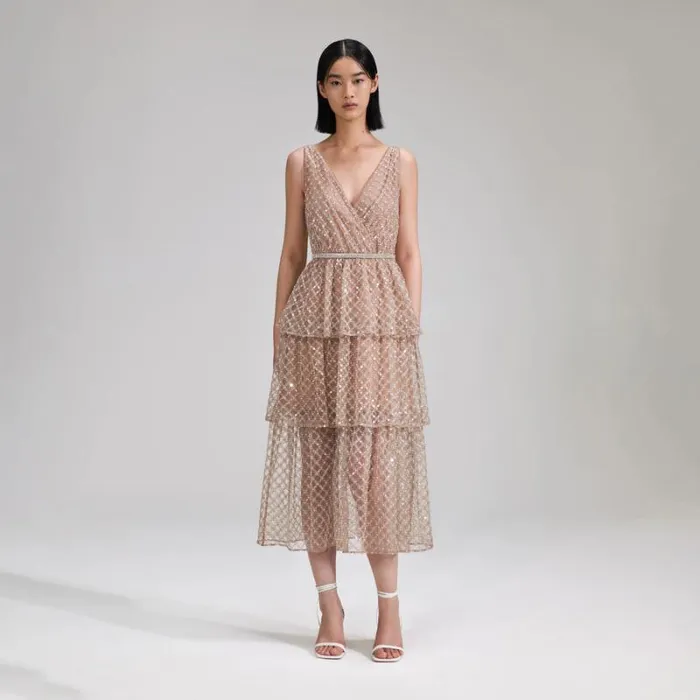 Dresses Woman SelfPortrait Cream Grid Sequin Crepe Midi Dress Dresses Woman SelfPortrait Cream Grid Sequin Crepe Midi Dress