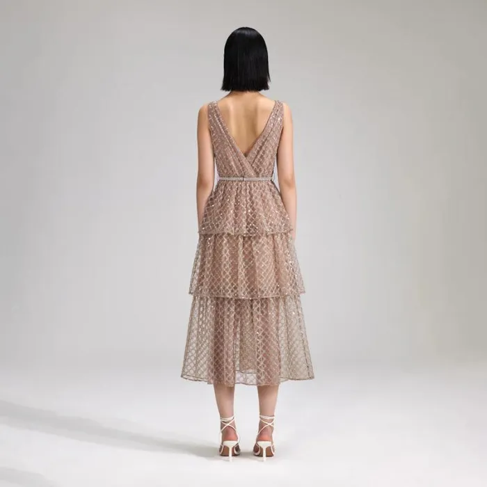 Dresses Woman SelfPortrait Cream Grid Sequin Crepe Midi Dress Dresses Woman SelfPortrait Cream Grid Sequin Crepe Midi Dress