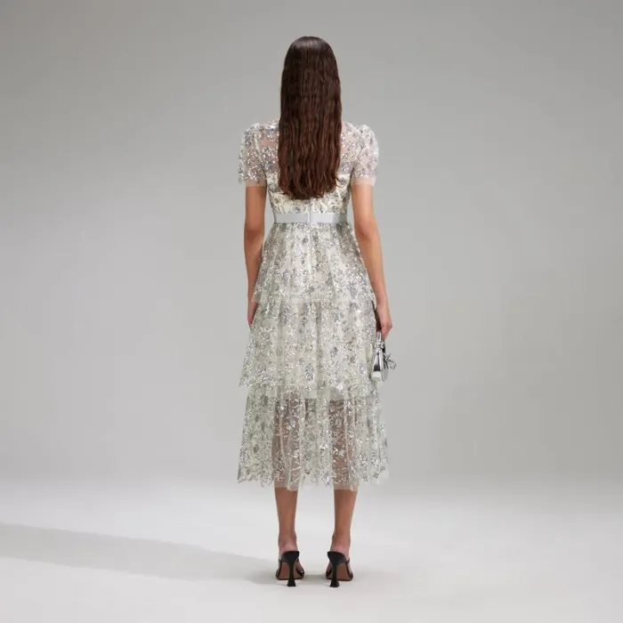 Dresses Woman SelfPortrait Cream Grid Sequin Crepe Midi Dress Dresses Woman SelfPortrait Cream Grid Sequin Crepe Midi Dress