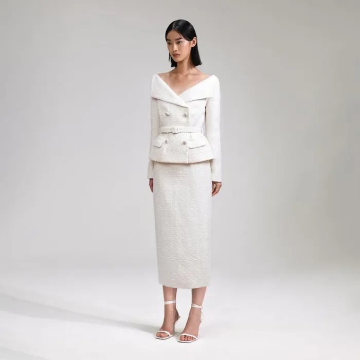 Dresses Woman SelfPortrait Cream Off Shoulder Boucle Midi Dress Dresses Woman SelfPortrait Cream Off Shoulder Boucle Midi Dress