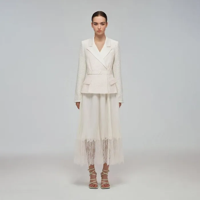 Dresses Woman SelfPortrait Cream Tailored Boucl And Chiffon Midi Dress