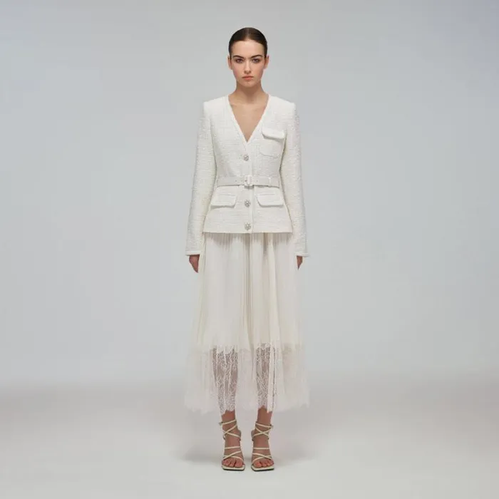 Dresses Woman SelfPortrait Cream Tailored Boucl And Chiffon Midi Dress Dresses Woman SelfPortrait Cream Tailored Boucl And Chiffon Midi Dress