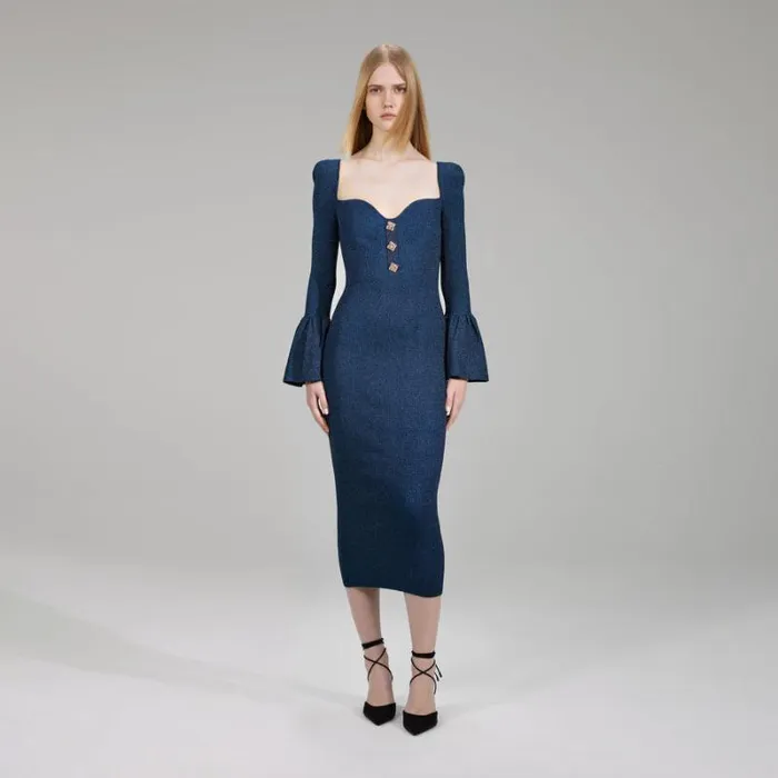 Dresses Woman SelfPortrait Dark Blue Lurex Knit Midi Dress