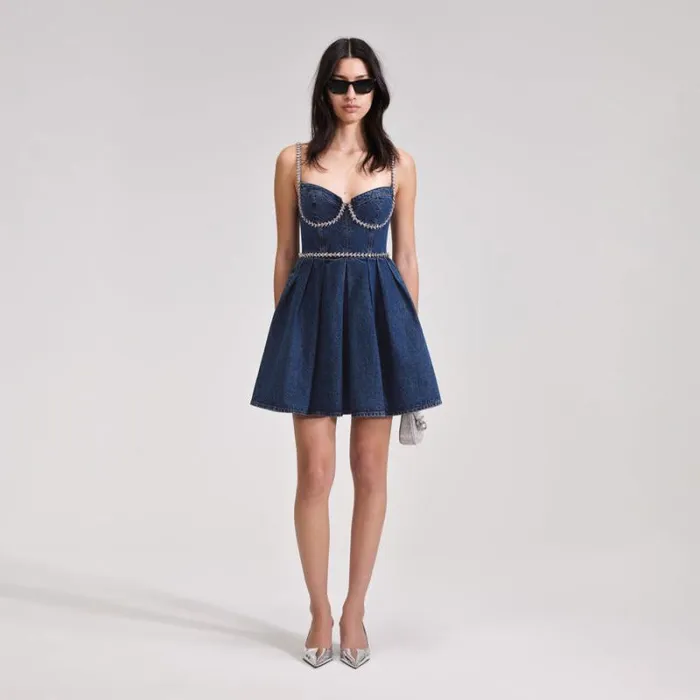 Dresses Woman SelfPortrait Diamante Detail Denim Mini Dress
