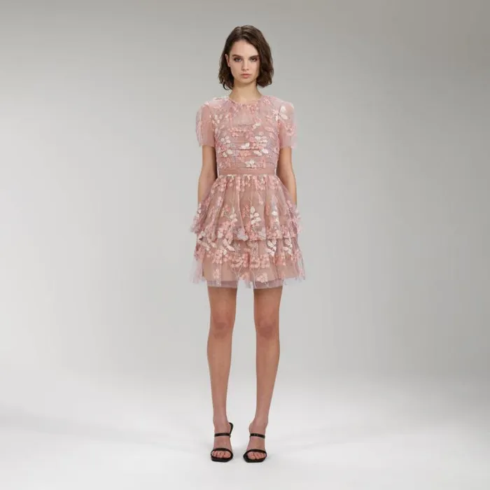 Dresses Woman SelfPortrait Flower Mesh Tiered Mini Dress