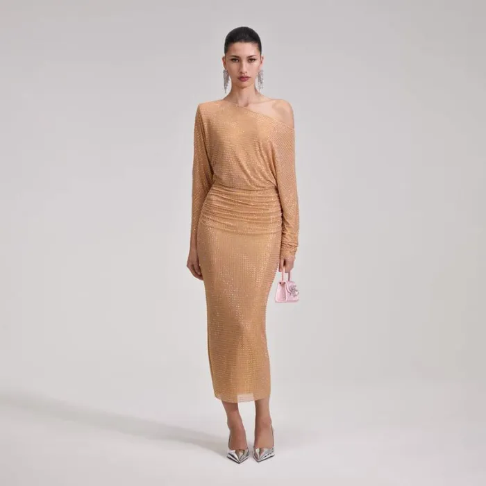 Dresses Woman SelfPortrait Gold Rhinestone Mesh Midi Dress