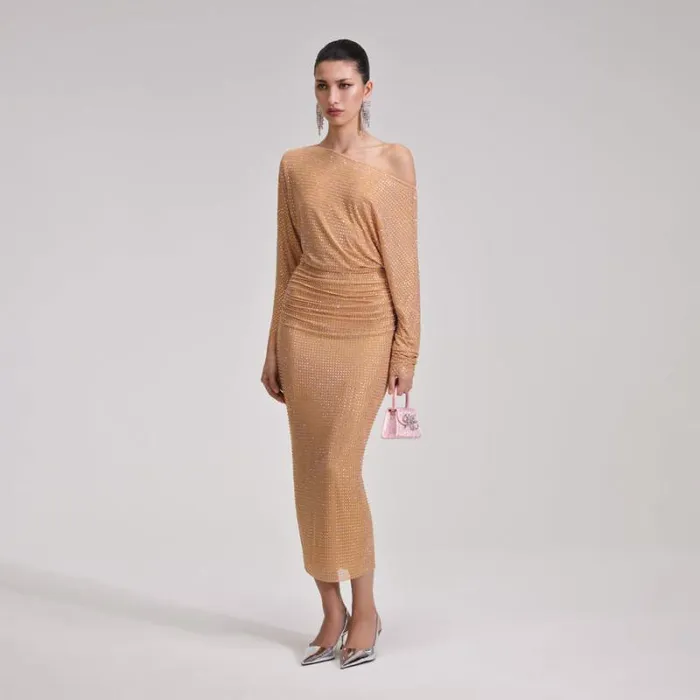 Dresses Woman SelfPortrait Gold Rhinestone Mesh Midi Dress Dresses Woman SelfPortrait Gold Rhinestone Mesh Midi Dress