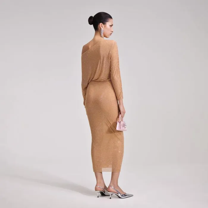 Dresses Woman SelfPortrait Gold Rhinestone Mesh Midi Dress Dresses Woman SelfPortrait Gold Rhinestone Mesh Midi Dress