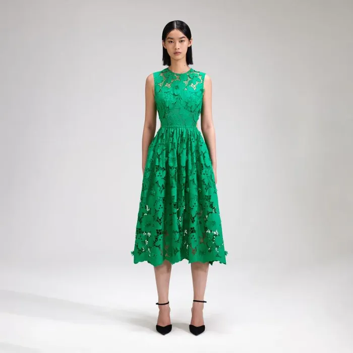 Dresses Woman SelfPortrait Green 3D Cotton Lace Midi Dress