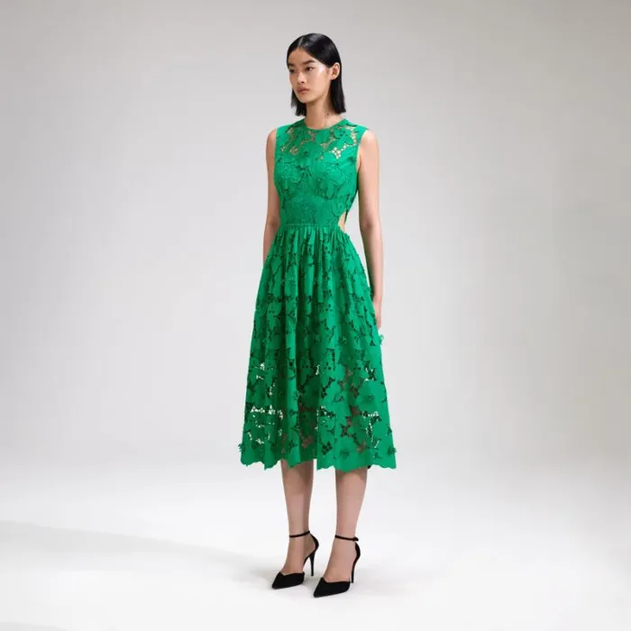 Dresses Woman SelfPortrait Green 3D Cotton Lace Midi Dress Dresses Woman SelfPortrait Green 3D Cotton Lace Midi Dress