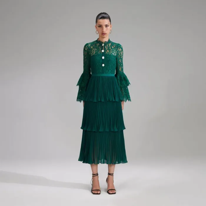 Dresses Woman SelfPortrait Green Cord Lace Tiered Midi Dress