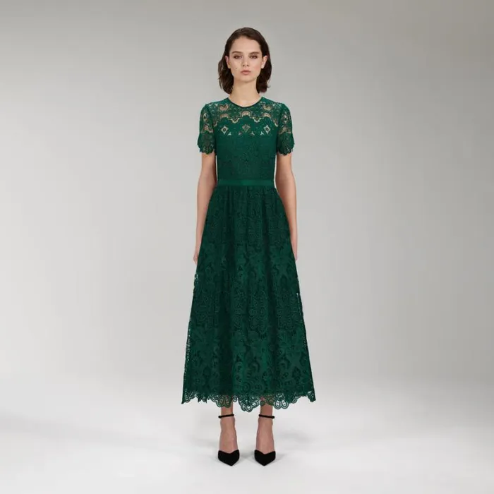 Dresses Woman SelfPortrait Green Cord Lace Tiered Midi Dress Dresses Woman SelfPortrait Green Cord Lace Tiered Midi Dress