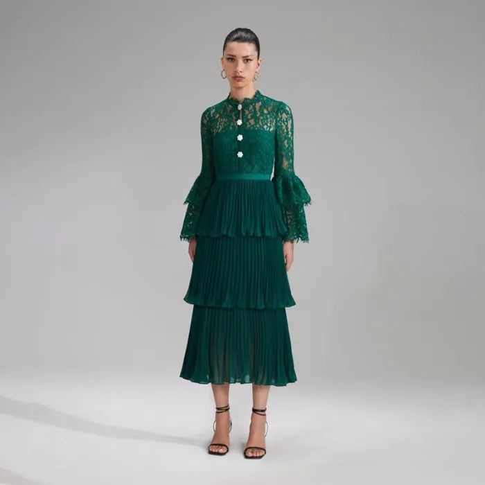 Dresses Woman SelfPortrait Green Cord Lace Tiered Midi Dress Dresses Woman SelfPortrait Green Cord Lace Tiered Midi Dress