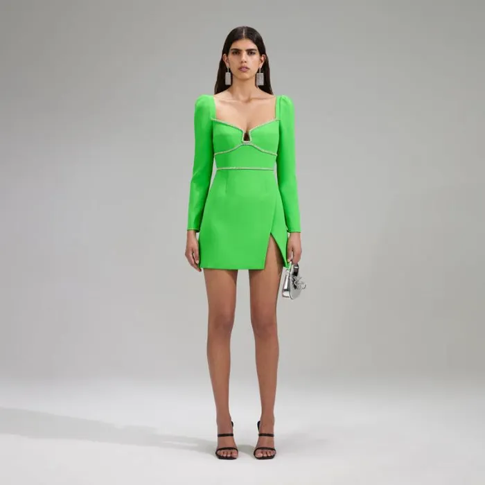 Dresses Woman SelfPortrait Green Crepe Rhinestone Detail Mini Dress