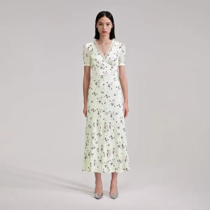 Dresses Woman SelfPortrait Green Floral Print Lace Detail Midi Dress