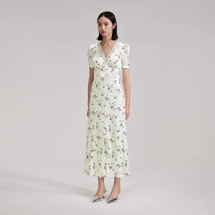 Dresses Woman SelfPortrait Green Floral Print Lace Detail Midi Dress Dresses Woman SelfPortrait Green Floral Print Lace Detail Midi Dress