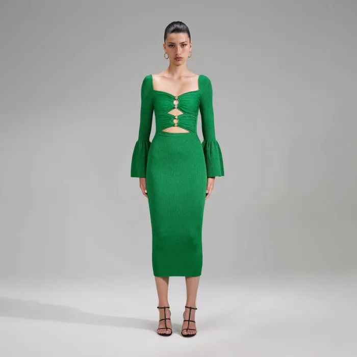 Dresses Woman SelfPortrait Green Lurex Knit Midi Cut Out Dress