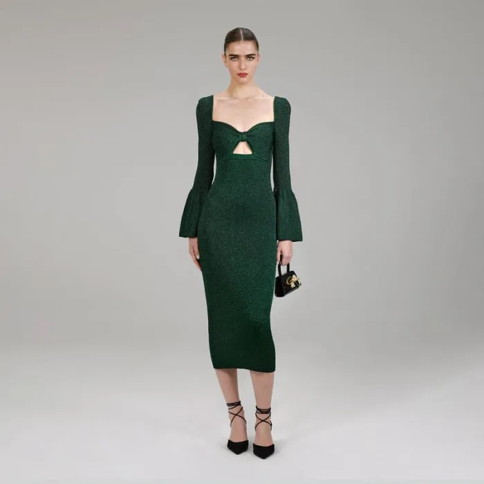 Dresses Woman SelfPortrait Green Lurex Knit Midi Dress