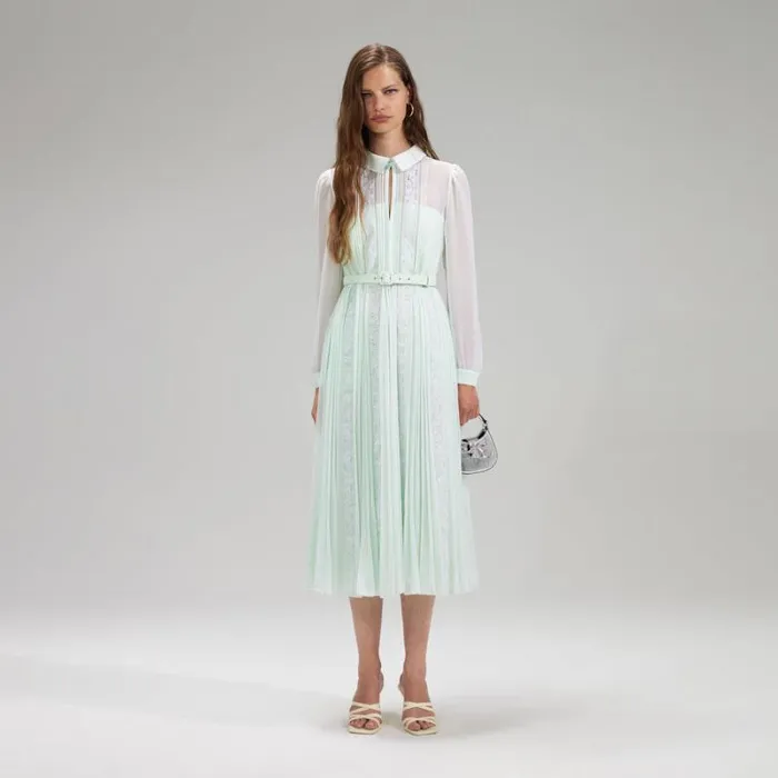 Dresses Woman SelfPortrait Green Pleated Diamante Detail Midi Dress