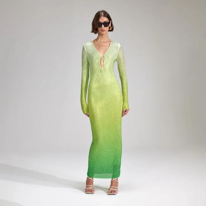 Dresses Woman SelfPortrait Green Rhinestone Mesh Keyhole Maxi Dress
