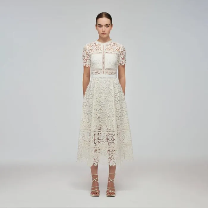 Dresses Woman SelfPortrait Ivory Floral Guipure Midi Dress