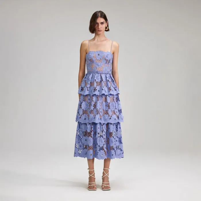 Dresses Woman SelfPortrait Lilac 3D Cotton Lace Midi Dress