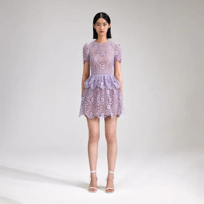 Dresses Woman SelfPortrait Lilac Rose Lace Peplum Mini Dress