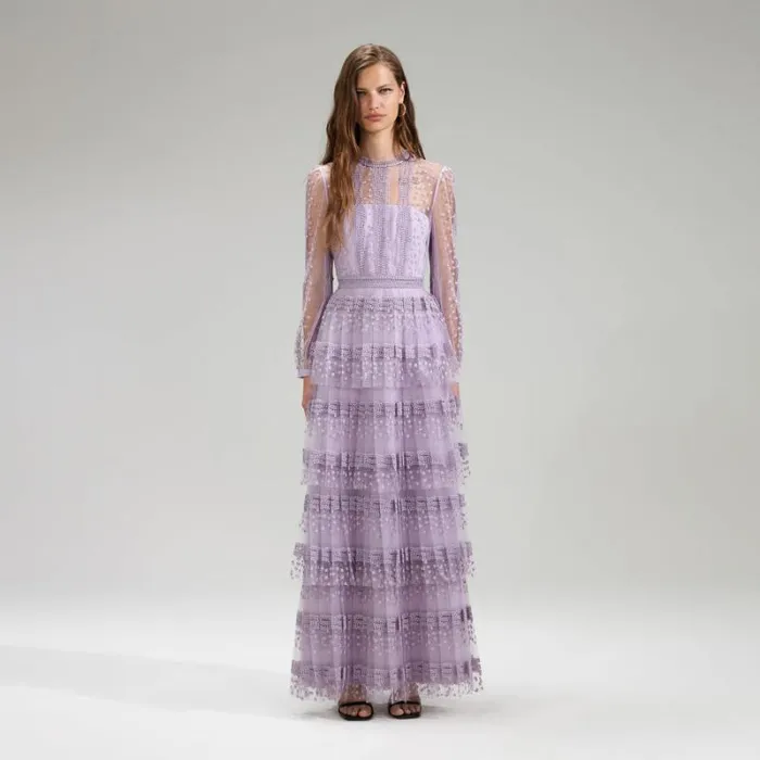 Dresses Woman SelfPortrait Lilac Tiered Lace Maxi Dress