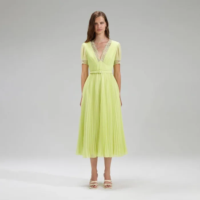 Dresses Woman SelfPortrait Lime Chiffon Midi Dress Lace Detail