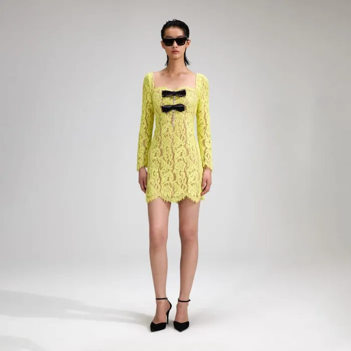 Dresses Woman SelfPortrait Lime Cord Lace Mini Dress With Bows