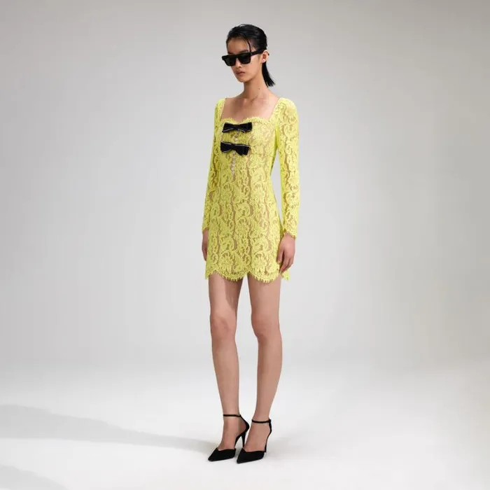 Dresses Woman SelfPortrait Lime Cord Lace Mini Dress With Bows Dresses Woman SelfPortrait Lime Cord Lace Mini Dress With Bows
