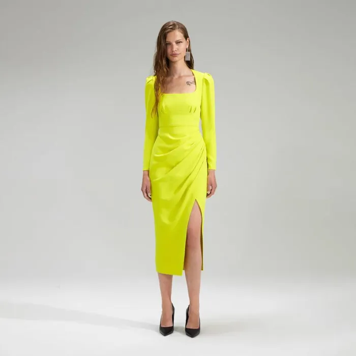 Dresses Woman SelfPortrait Lime Crepe Ruched Midi Dress