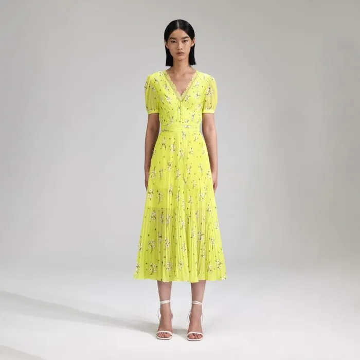 Dresses Woman SelfPortrait Lime Floral Chiffon Midi Dress